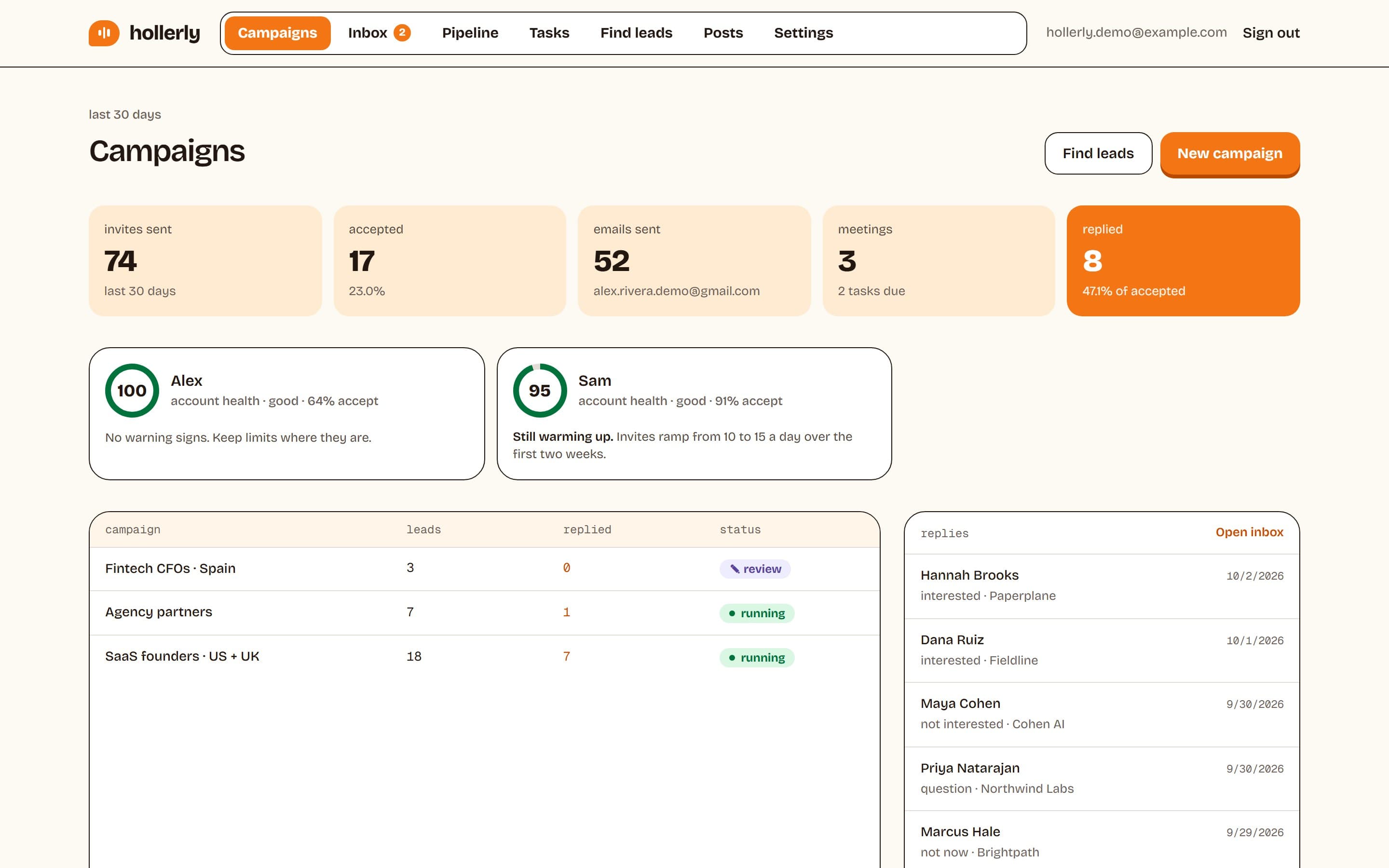 Hollerly campaigns dashboard with invites, acceptances, emails, meetings and replies, account health for two LinkedIn senders and the latest replies