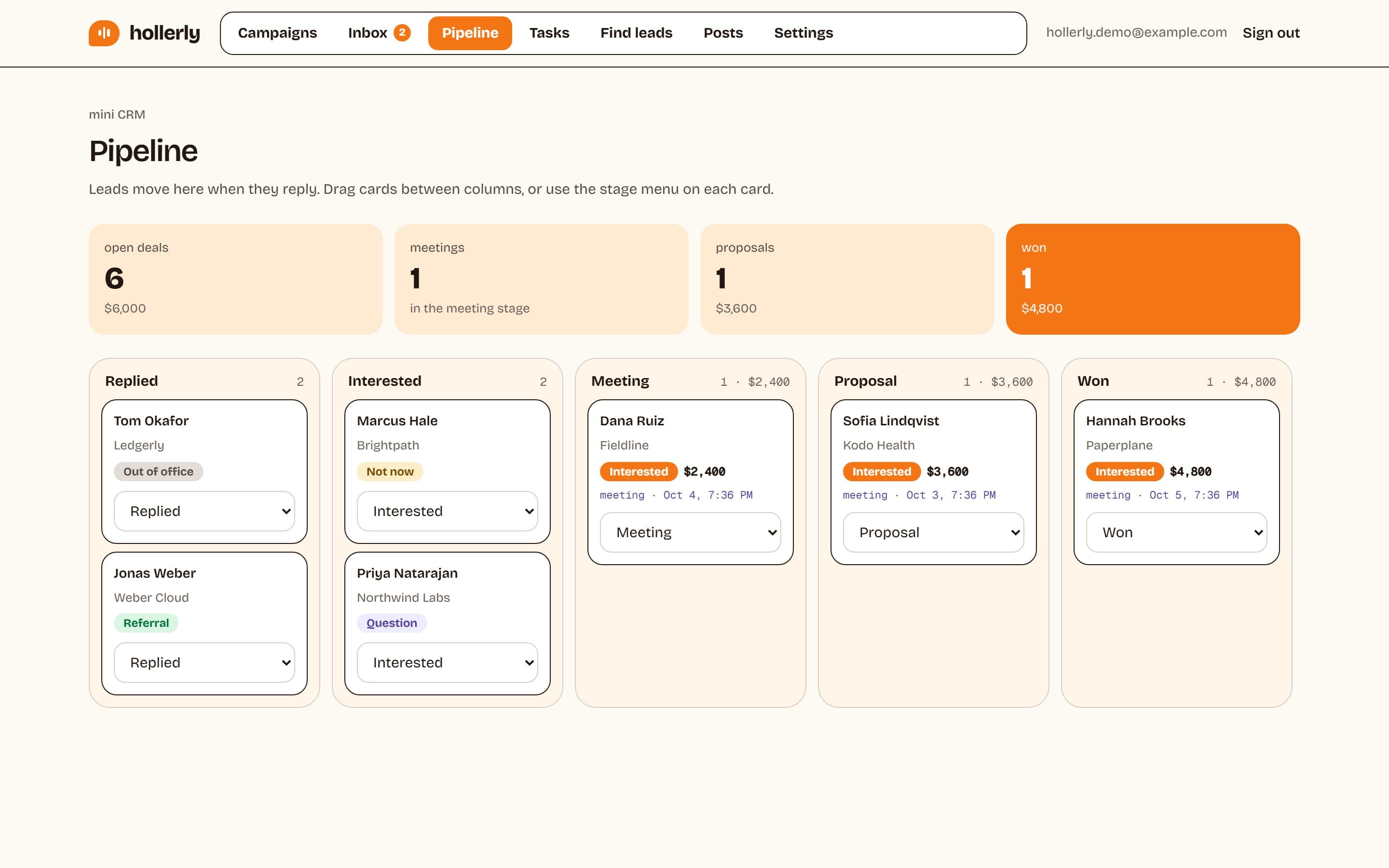 Pipeline board with replied, interested, meeting, proposal and won columns and deal values