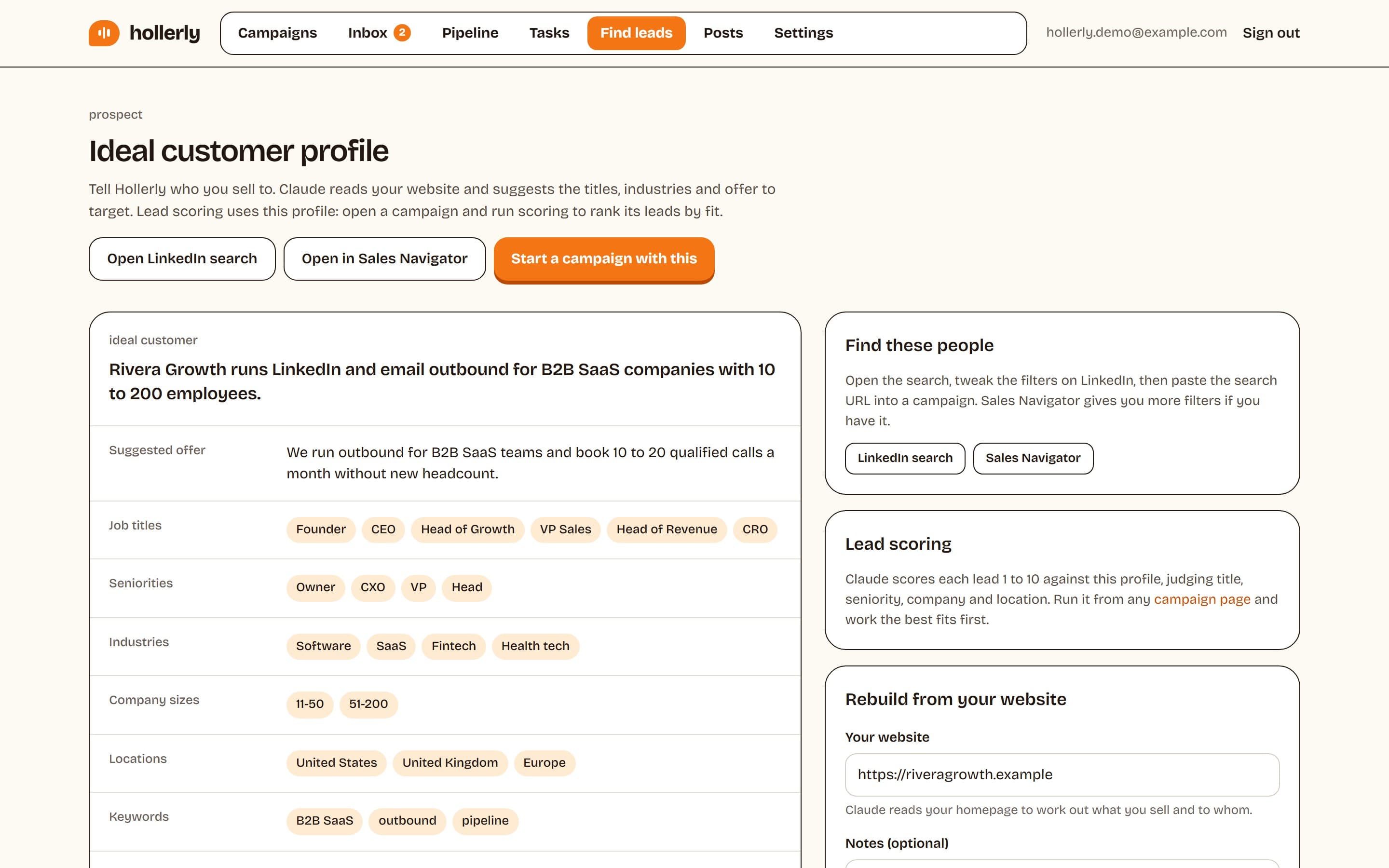 Ideal customer profile built by AI from a website, with job titles, industries, company sizes and a ready LinkedIn search